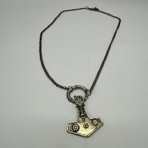 Steampunk Steamhammer Pendant Necklace Costume Jewelry Gold Tone Chain 23" Long